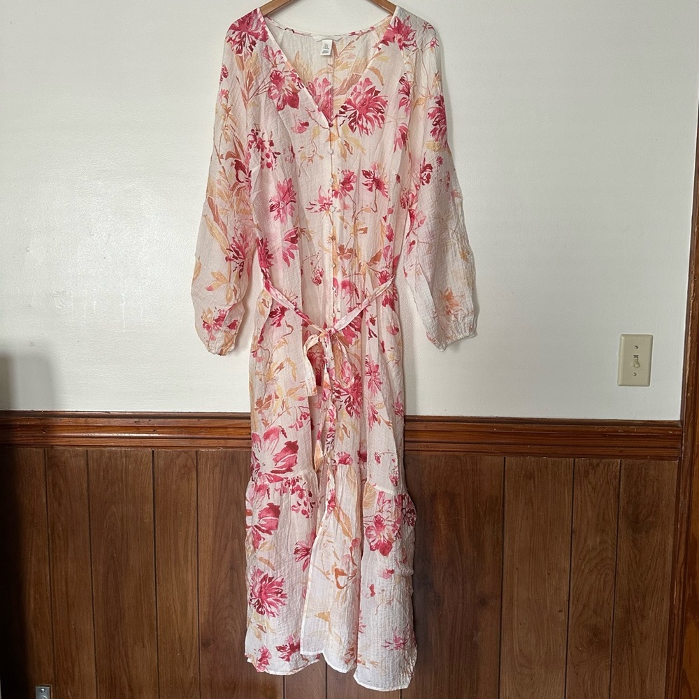 H&M Tie-Belt Crepe Floral Maxi Dress Size XL Balloon Sleeves Beach Coastal Vacay - Picture 14 of 14
